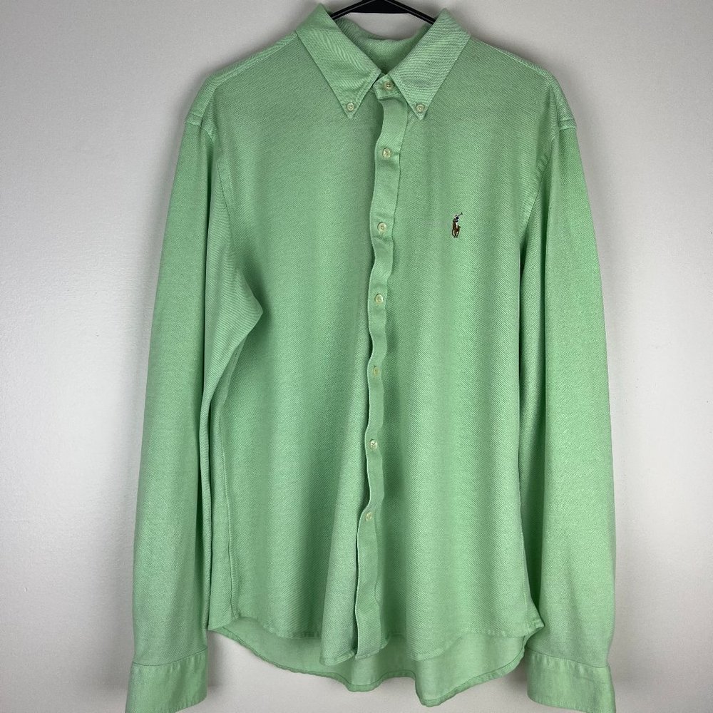 RALPH LAUREN SOLID GREEN Button Down Long Sleeve Polo Slim Fit Shirt Men's XL